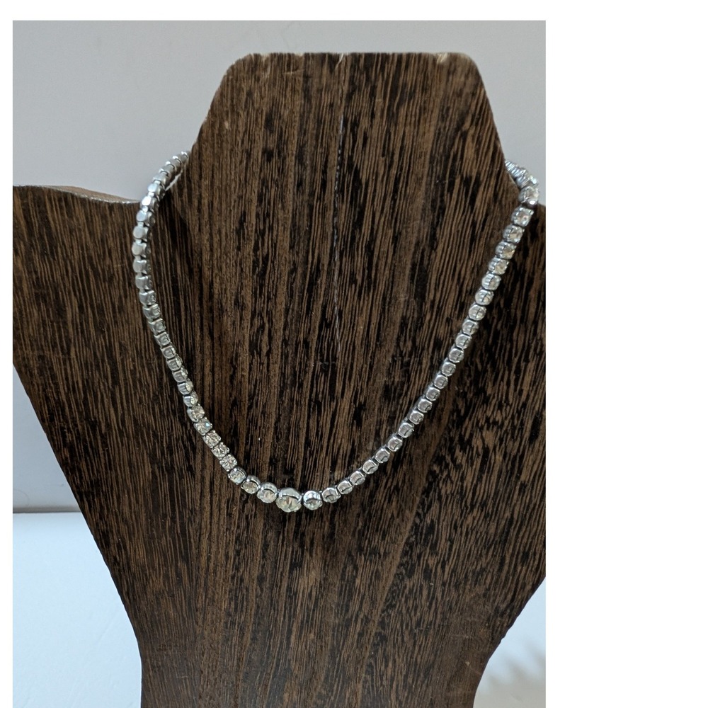 Vintage Graduated Rhinestone Choker Necklace Silver Tone Wedding Bridal 14.5in
